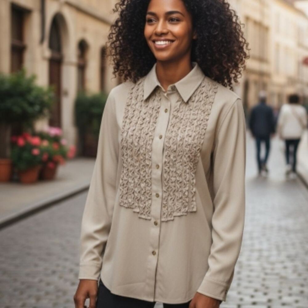 ORVIS | Taupe Button Down Ruffle Front Western Cowgirl Ling Sleeved Shirt | 16